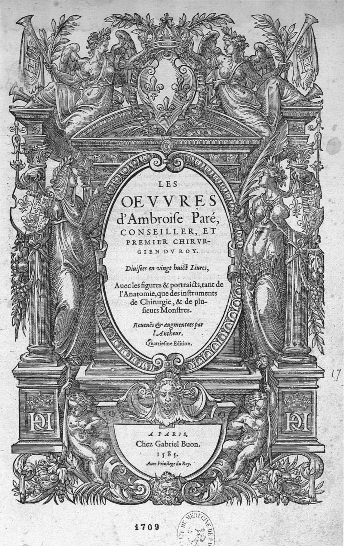 Frontispício gravado das Œuvres de Ambroise Paré: frontão arquitetônico com alegorias, título central e a marca do impressor Gabriel Buon, Paris, 1585