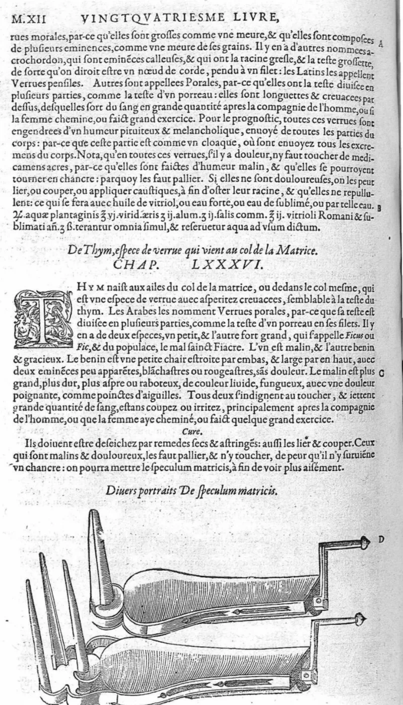 Dois modelos de espéculo vaginal (speculum matricis) em xilogravura