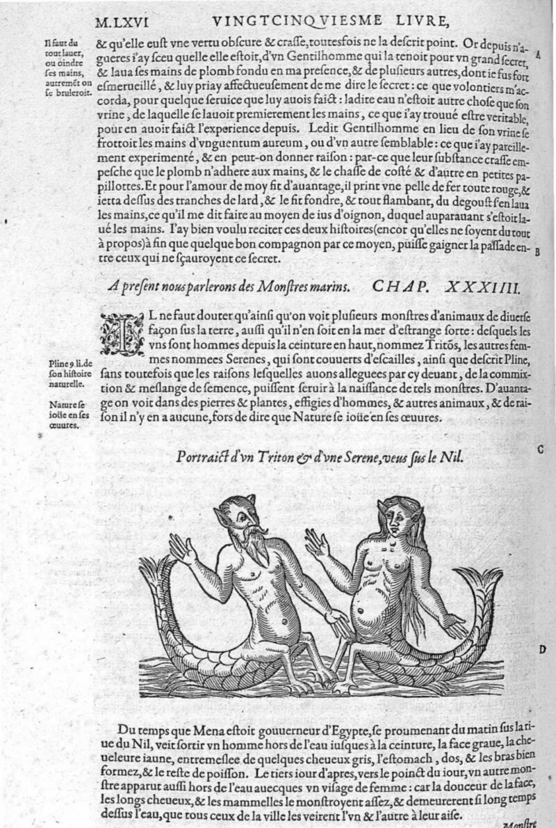 Xilogravura de um tritão e uma sereia com caudas de peixe