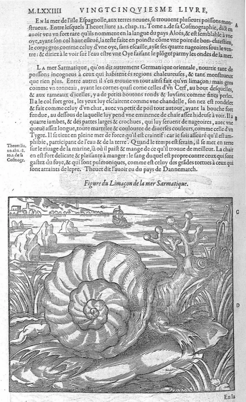 Grande xilogravura do caracol gigante da mar Sarmática em paisagem com veleiros